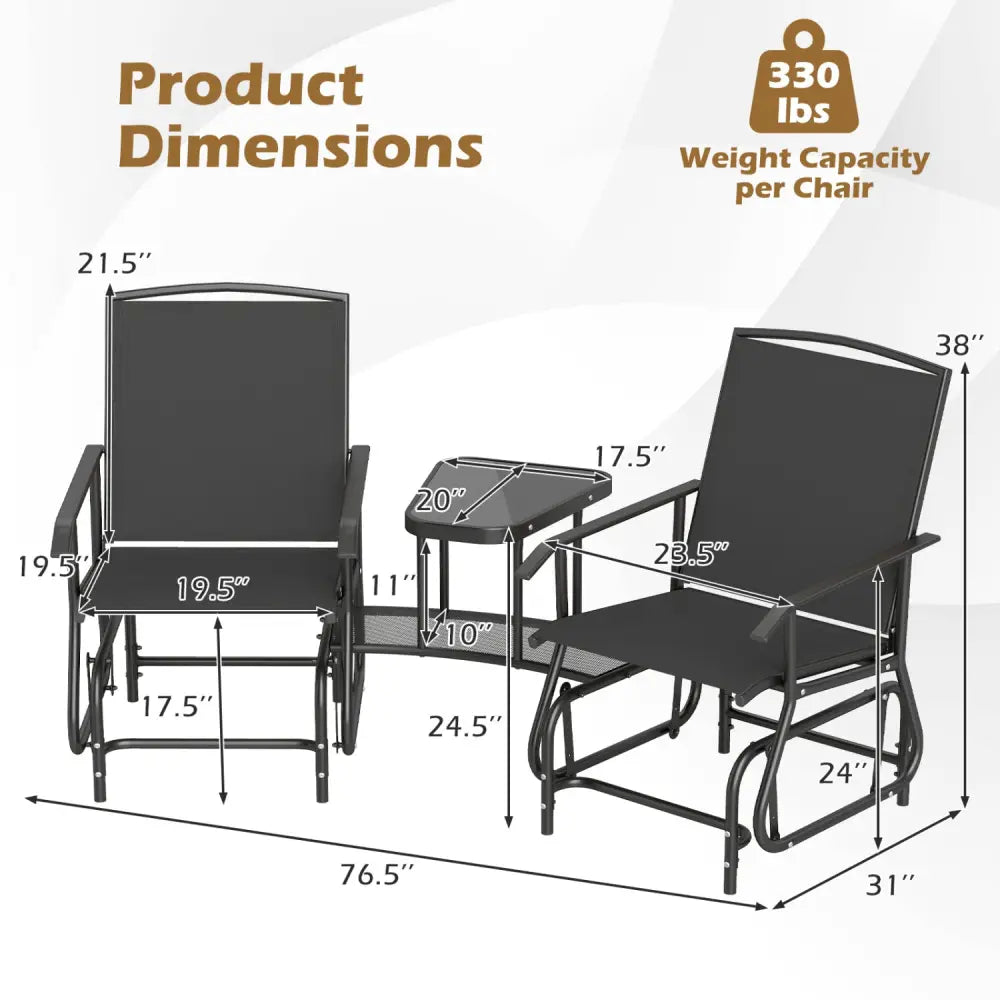 2-Seater Outdoor Glider Bench with 2-Tier Center Table-Black - Black - Patio Rocking Chairs & Gliders