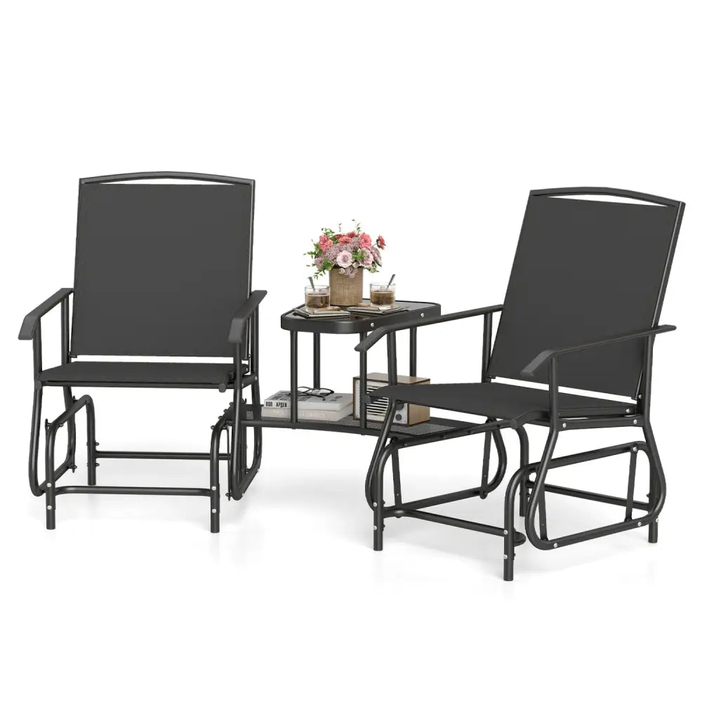 2-Seater Outdoor Glider Bench with 2-Tier Center Table-Black - Black - Patio Rocking Chairs & Gliders