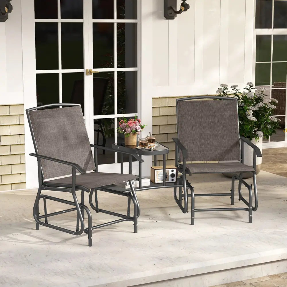 2-Seater Outdoor Glider Bench with 2-Tier Center Table-Brown - Brown - Patio Rocking Chairs & Gliders