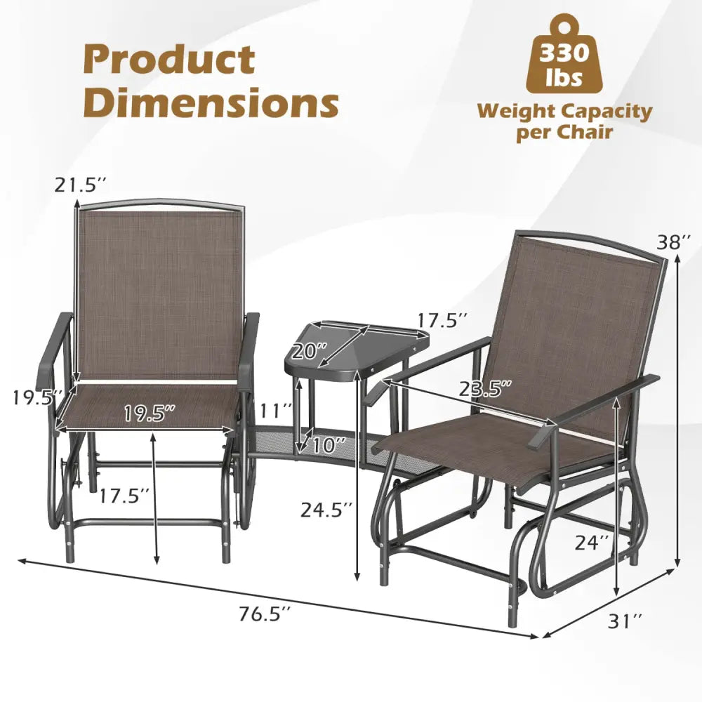 2-Seater Outdoor Glider Bench with 2-Tier Center Table-Brown - Brown - Patio Rocking Chairs & Gliders