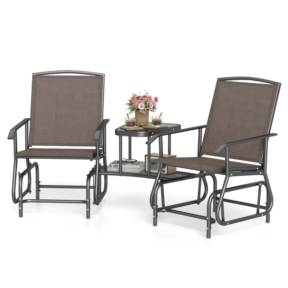2-Seater Outdoor Glider Bench with 2-Tier Center Table-Brown - Brown - Patio Rocking Chairs & Gliders