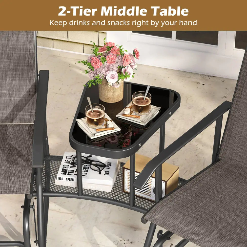 2-Seater Outdoor Glider Bench with 2-Tier Center Table-Brown - Brown - Patio Rocking Chairs & Gliders