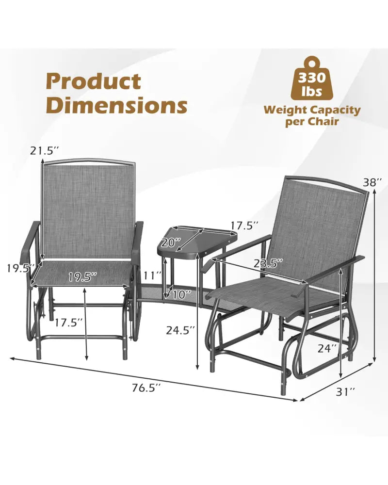 2-Seater Outdoor Glider Bench with 2-Tier Center Table-Gray - Gray - Patio Conversation Sets