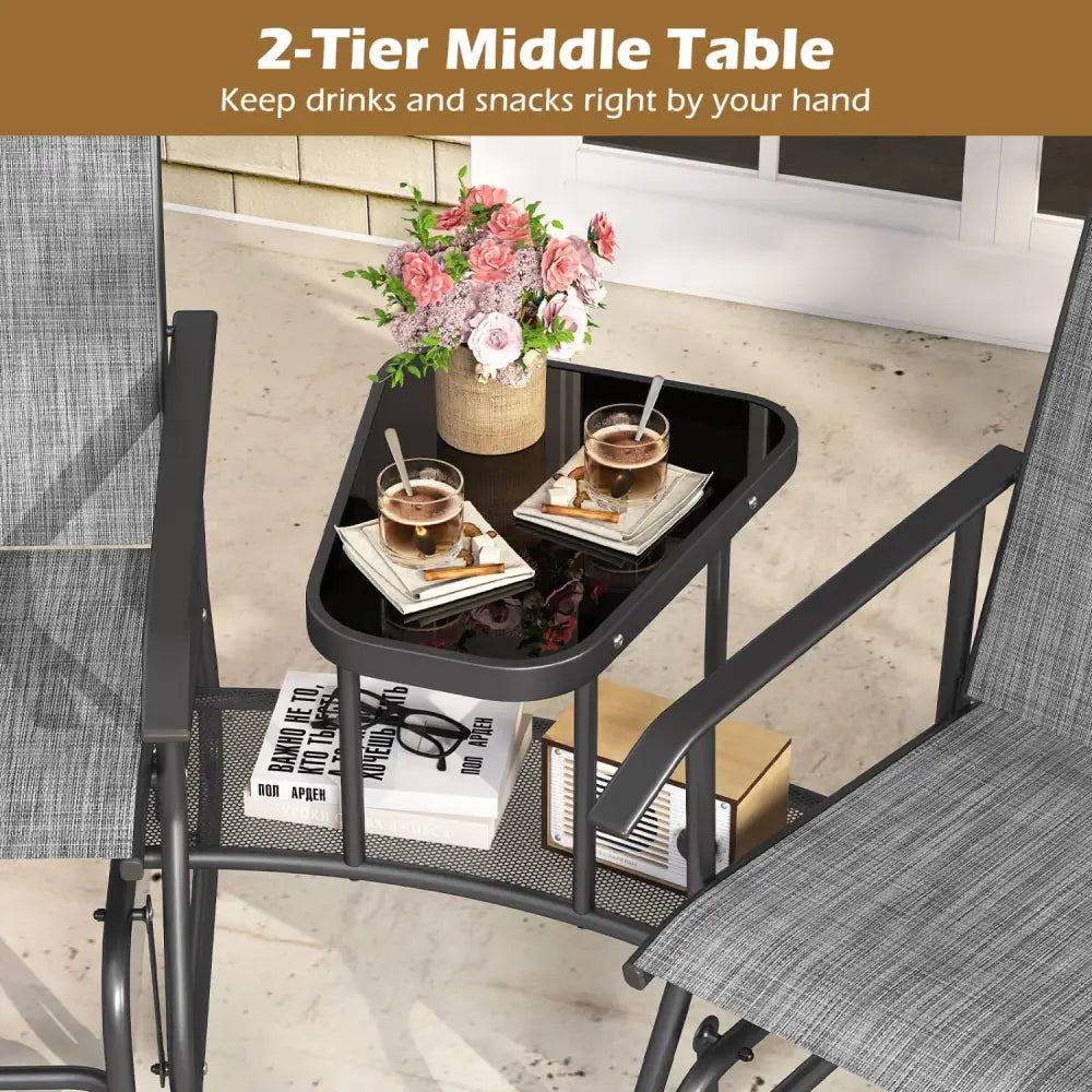 2-Seater Outdoor Glider Bench with 2-Tier Center Table-Gray - Gray - Patio Rocking Chairs & Gliders