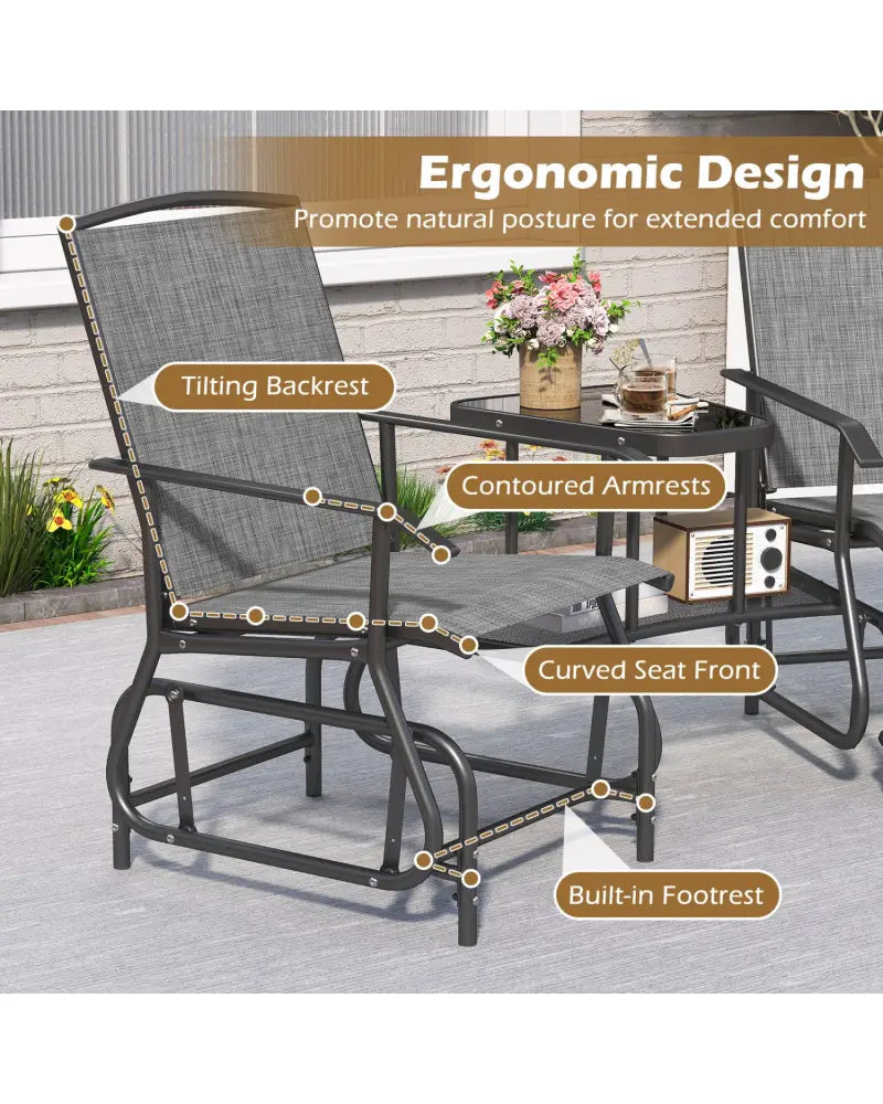 2-Seater Outdoor Glider Bench with 2-Tier Center Table-Gray - Gray - Patio Conversation Sets
