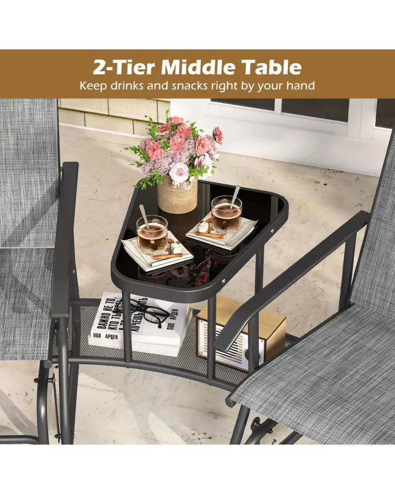 2-Seater Outdoor Glider Bench with 2-Tier Center Table-Gray - Gray - Patio Conversation Sets