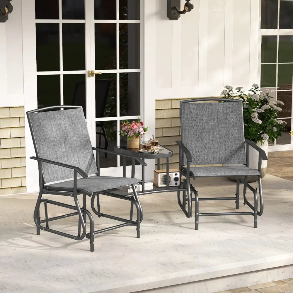 2-Seater Outdoor Glider Bench with 2-Tier Center Table-Gray - Gray - Patio Rocking Chairs & Gliders