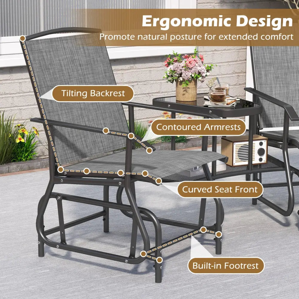 2-Seater Outdoor Glider Bench with 2-Tier Center Table-Gray - Gray - Patio Rocking Chairs & Gliders