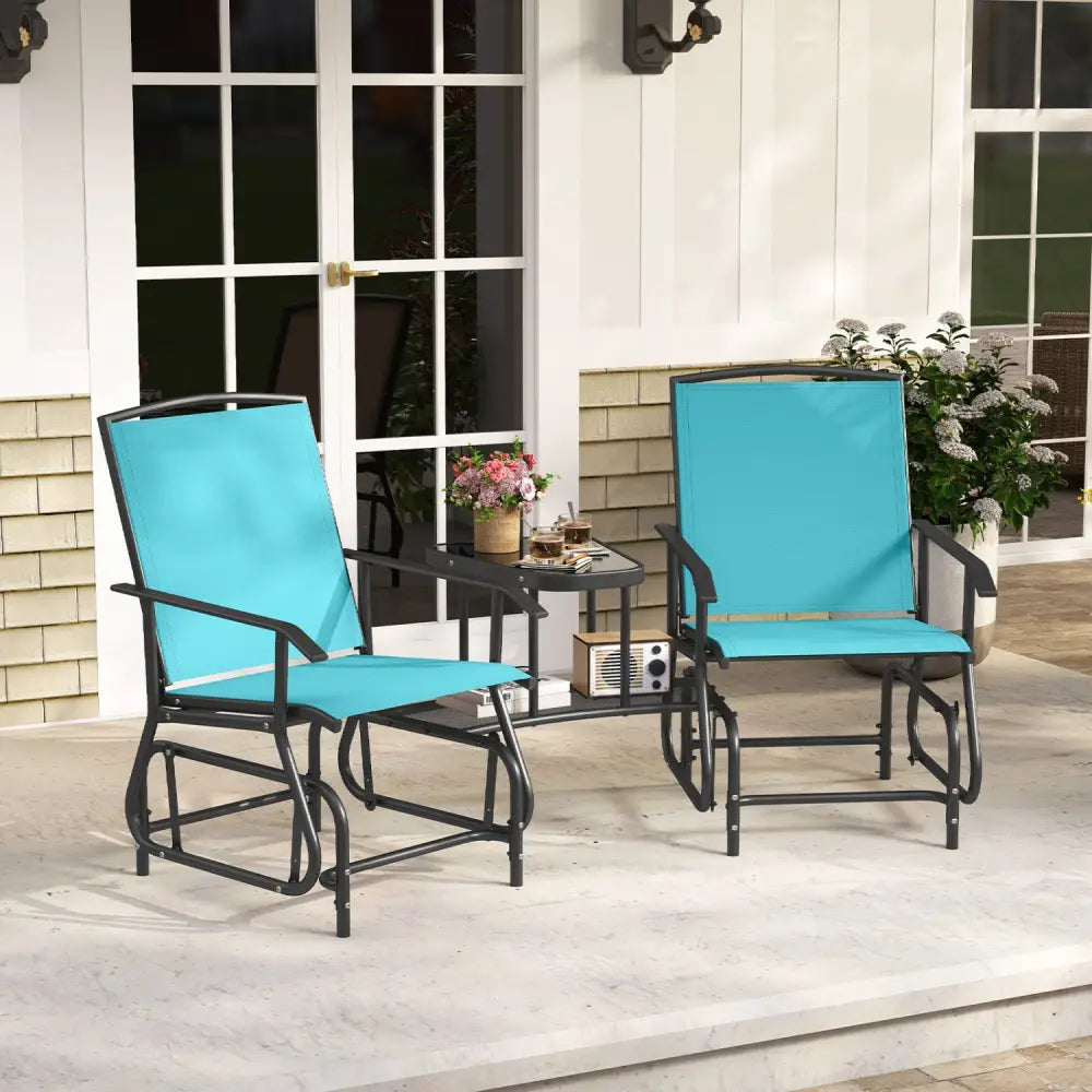 2-Seater Outdoor Glider Bench with 2-Tier Center Table-Turquoise - Turquoise - Patio Rocking Chairs & Gliders
