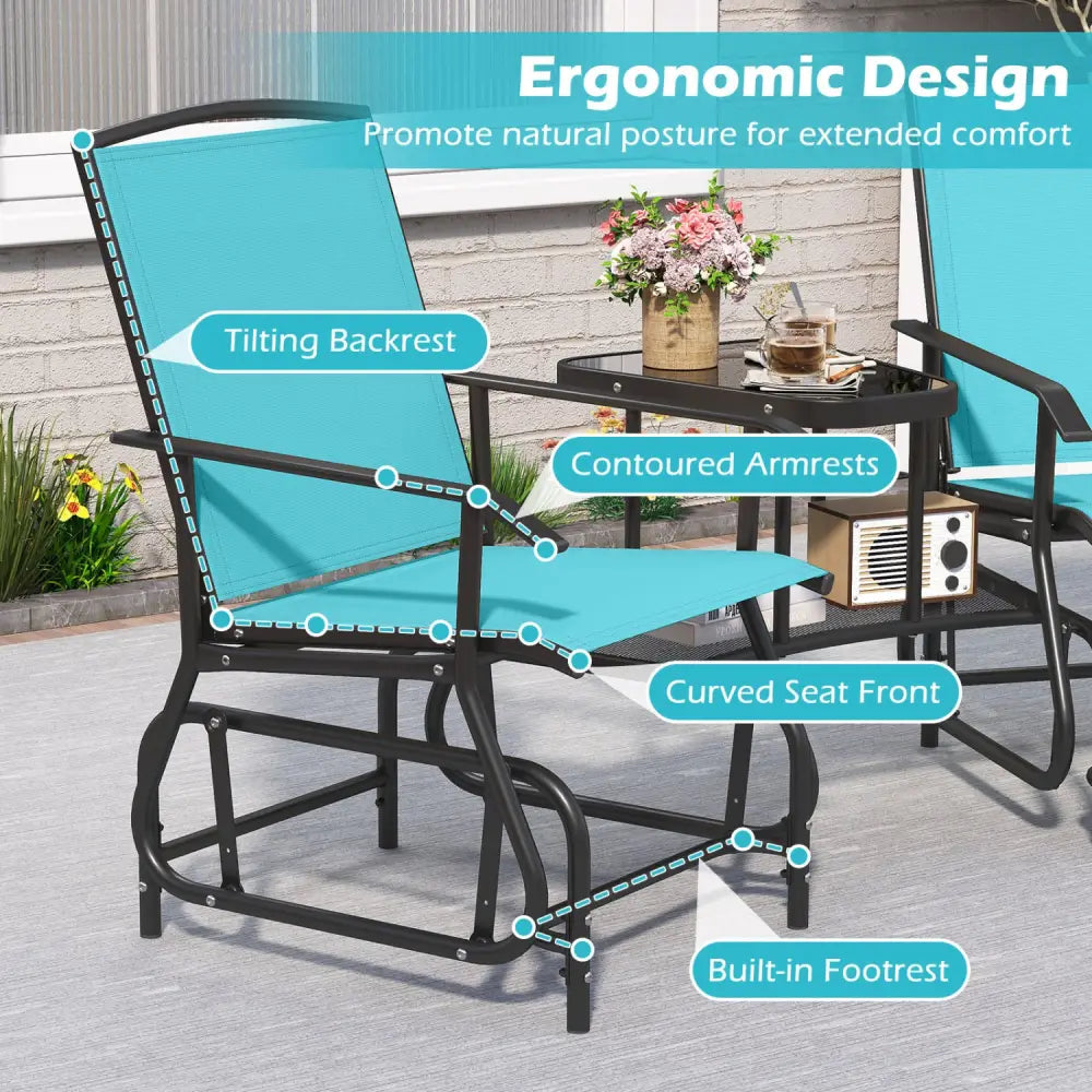 2-Seater Outdoor Glider Bench with 2-Tier Center Table-Turquoise - Turquoise - Patio Rocking Chairs & Gliders