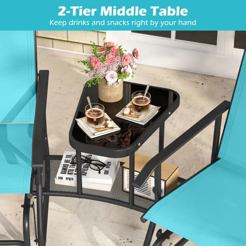 2-Seater Outdoor Glider Bench with 2-Tier Center Table-Turquoise - Turquoise - Patio Rocking Chairs & Gliders