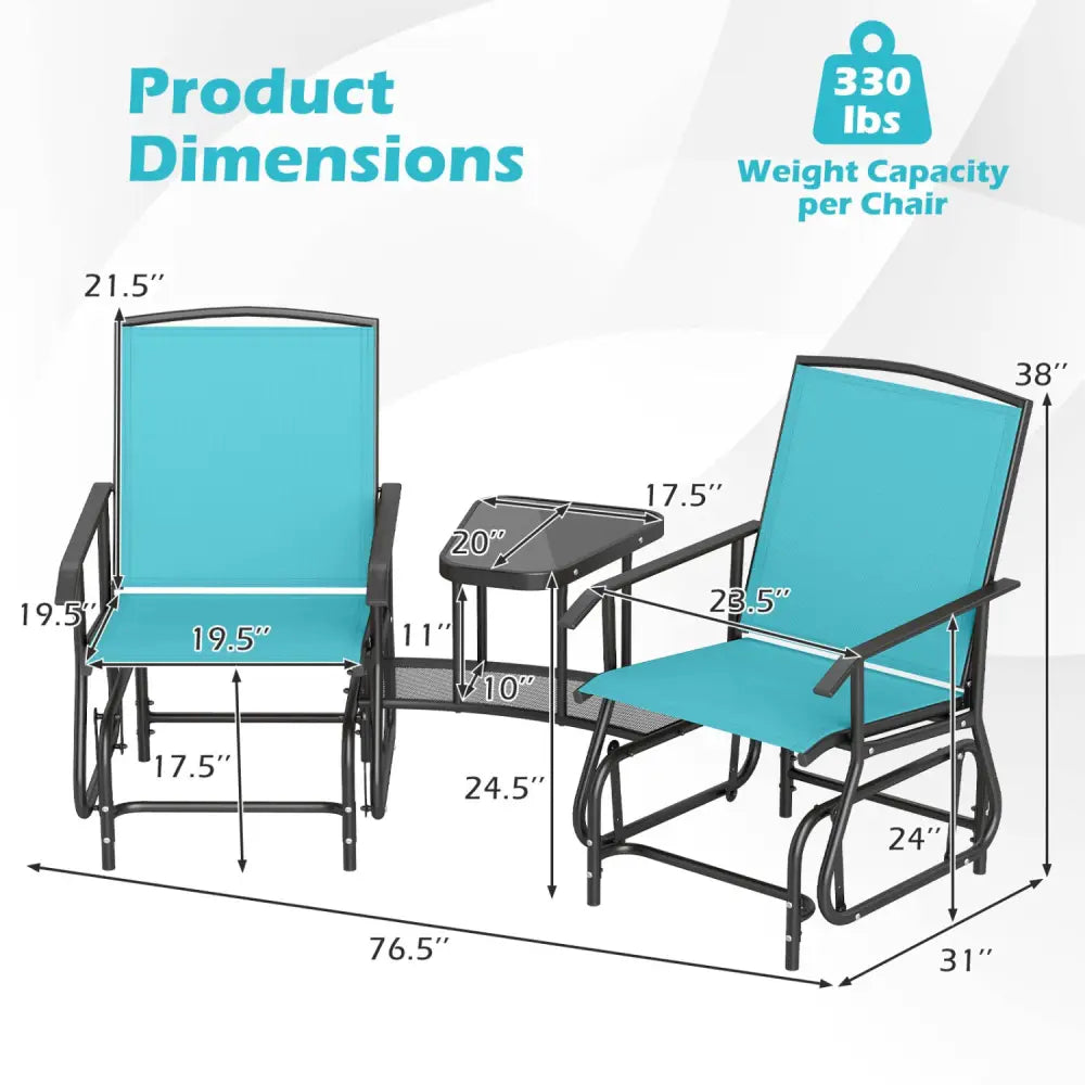 2-Seater Outdoor Glider Bench with 2-Tier Center Table-Turquoise - Turquoise - Patio Rocking Chairs & Gliders