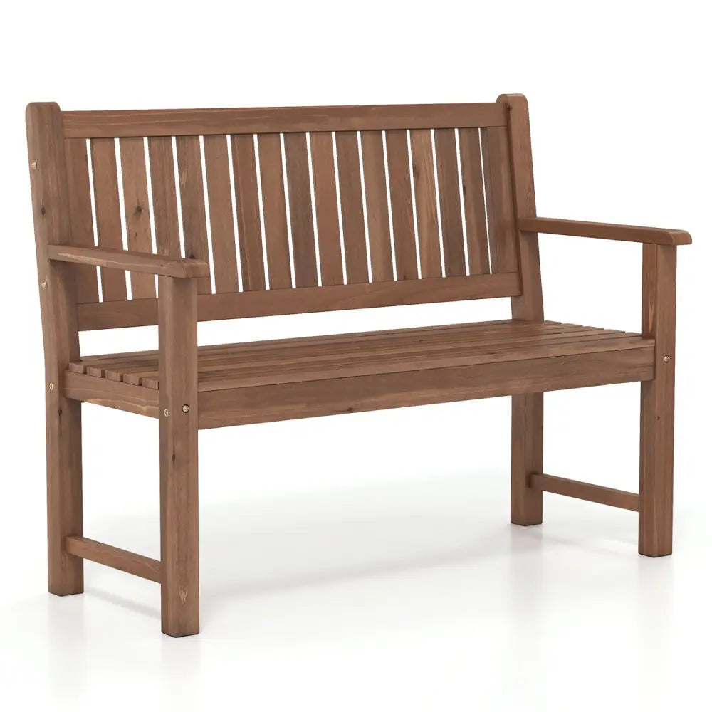 2-Seater Outdoor Wooden Bench with Backrest and Armrests-Brown - Brown - Outdoor Benches