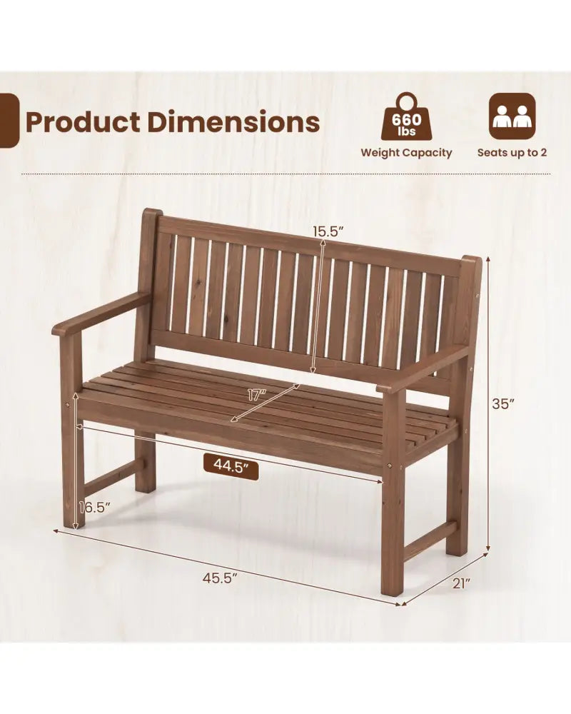 2-Seater Outdoor Wooden Bench with Backrest and Armrests-Brown - Brown - Outdoor Benches