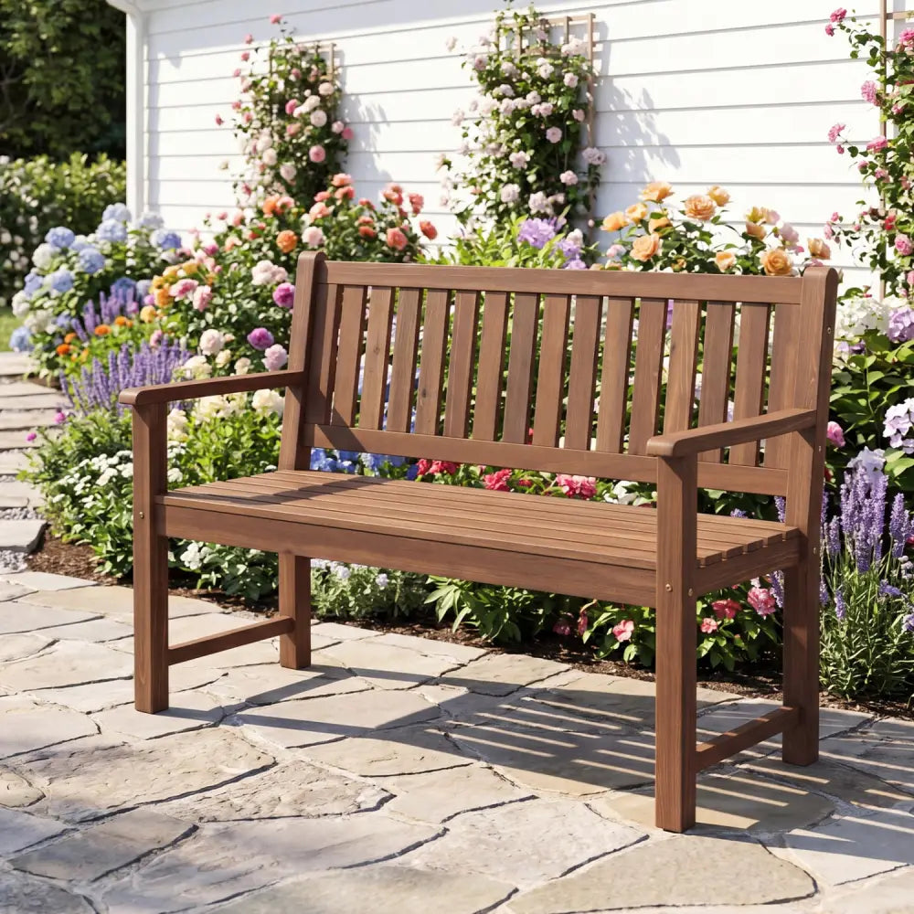 2-Seater Outdoor Wooden Bench with Backrest and Armrests-Brown - Brown - Outdoor Benches