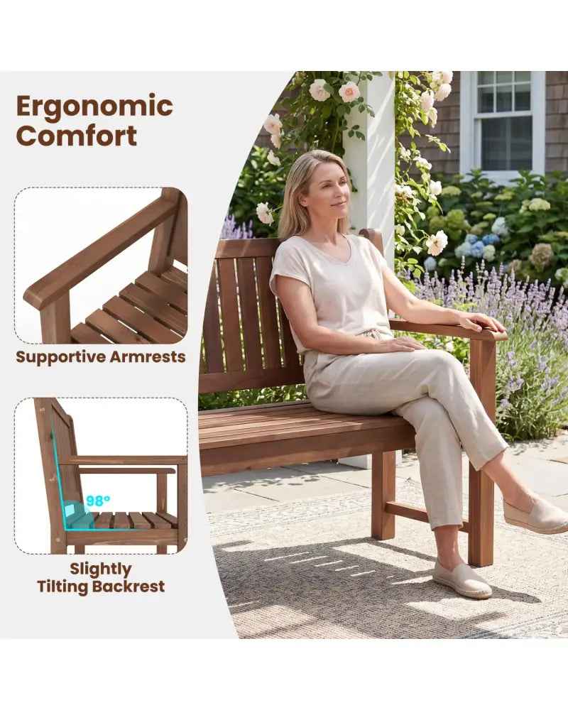 2-Seater Outdoor Wooden Bench with Backrest and Armrests-Brown - Brown - Outdoor Benches