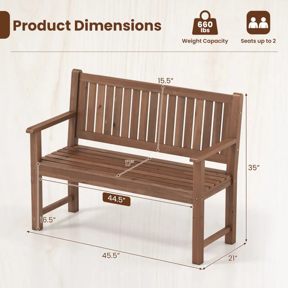 2-Seater Outdoor Wooden Bench with Backrest and Armrests-Brown - Brown - Outdoor Benches