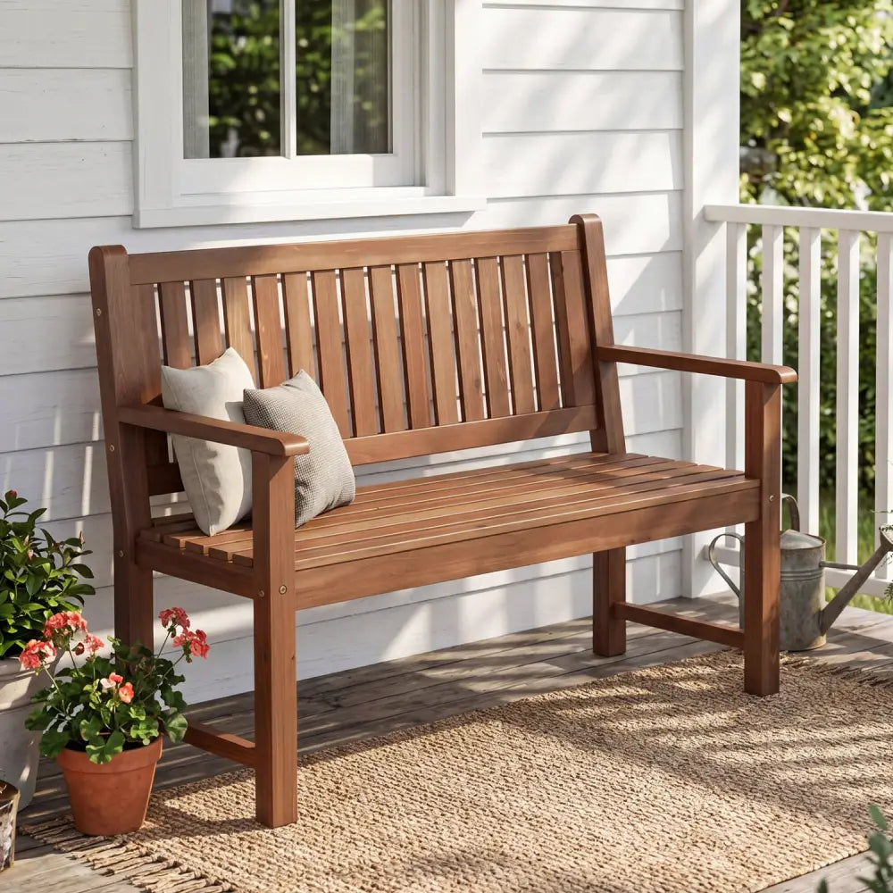 2-Seater Outdoor Wooden Bench with Backrest and Armrests-Brown - Brown - Outdoor Benches
