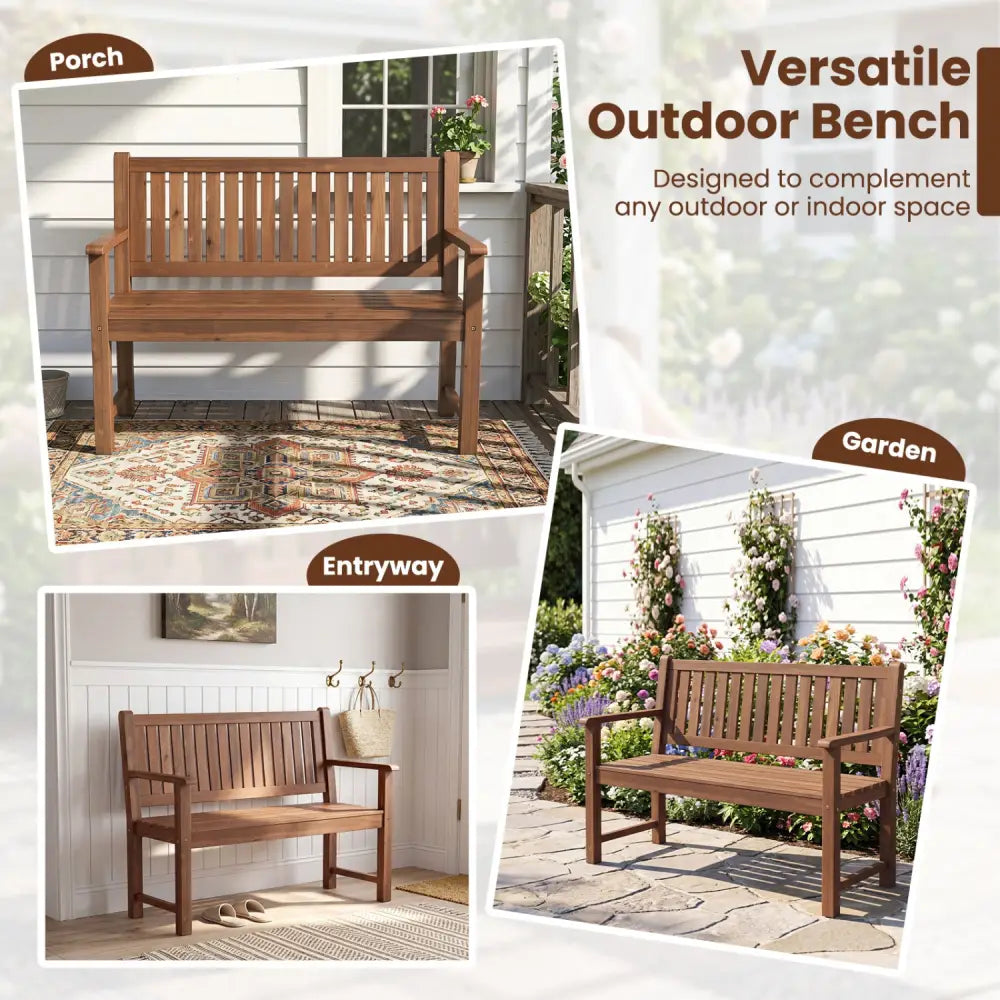 2-Seater Outdoor Wooden Bench with Backrest and Armrests-Brown - Brown - Outdoor Benches