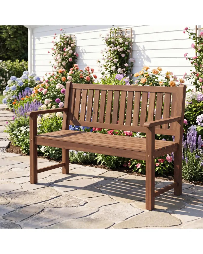 2-Seater Outdoor Wooden Bench with Backrest and Armrests-Brown - Brown - Outdoor Benches