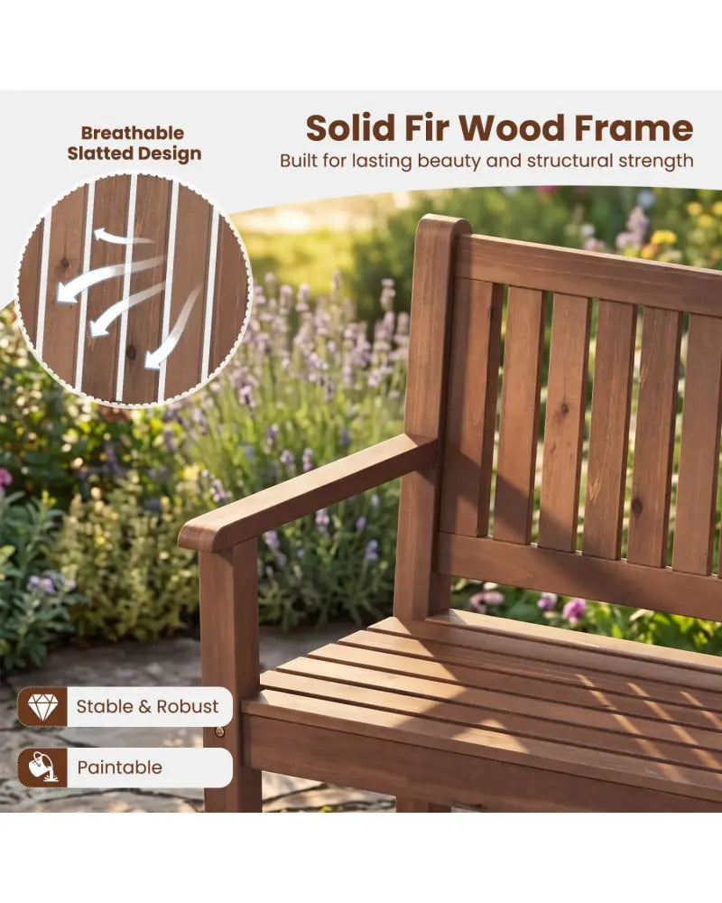 2-Seater Outdoor Wooden Bench with Backrest and Armrests-Brown - Brown - Outdoor Benches