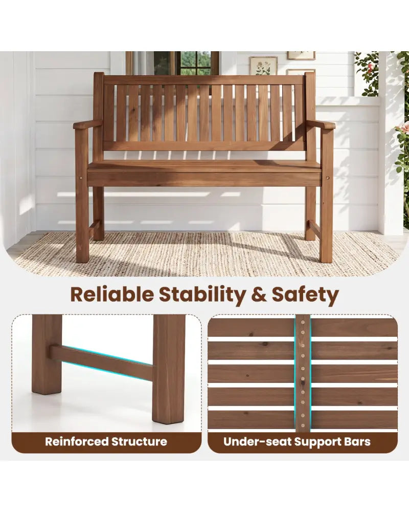 2-Seater Outdoor Wooden Bench with Backrest and Armrests-Brown - Brown - Outdoor Benches