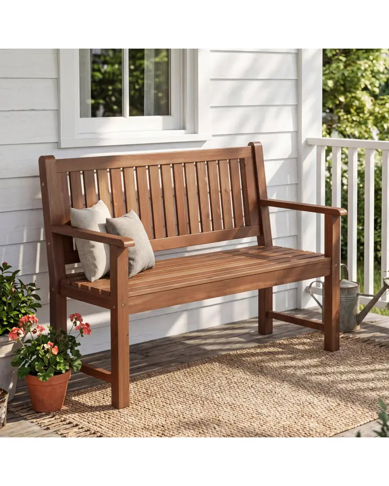 2-Seater Outdoor Wooden Bench with Backrest and Armrests-Brown - Brown - Outdoor Benches