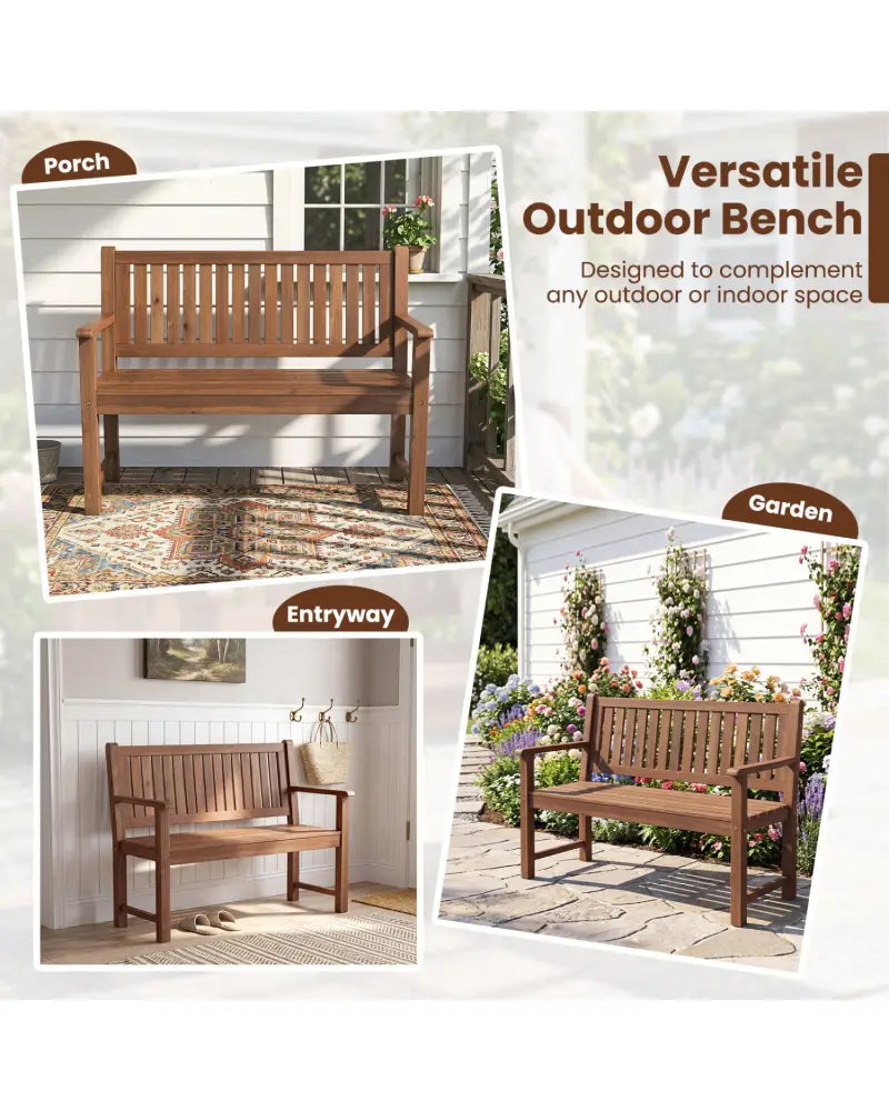 2-Seater Outdoor Wooden Bench with Backrest and Armrests-Brown - Brown - Outdoor Benches