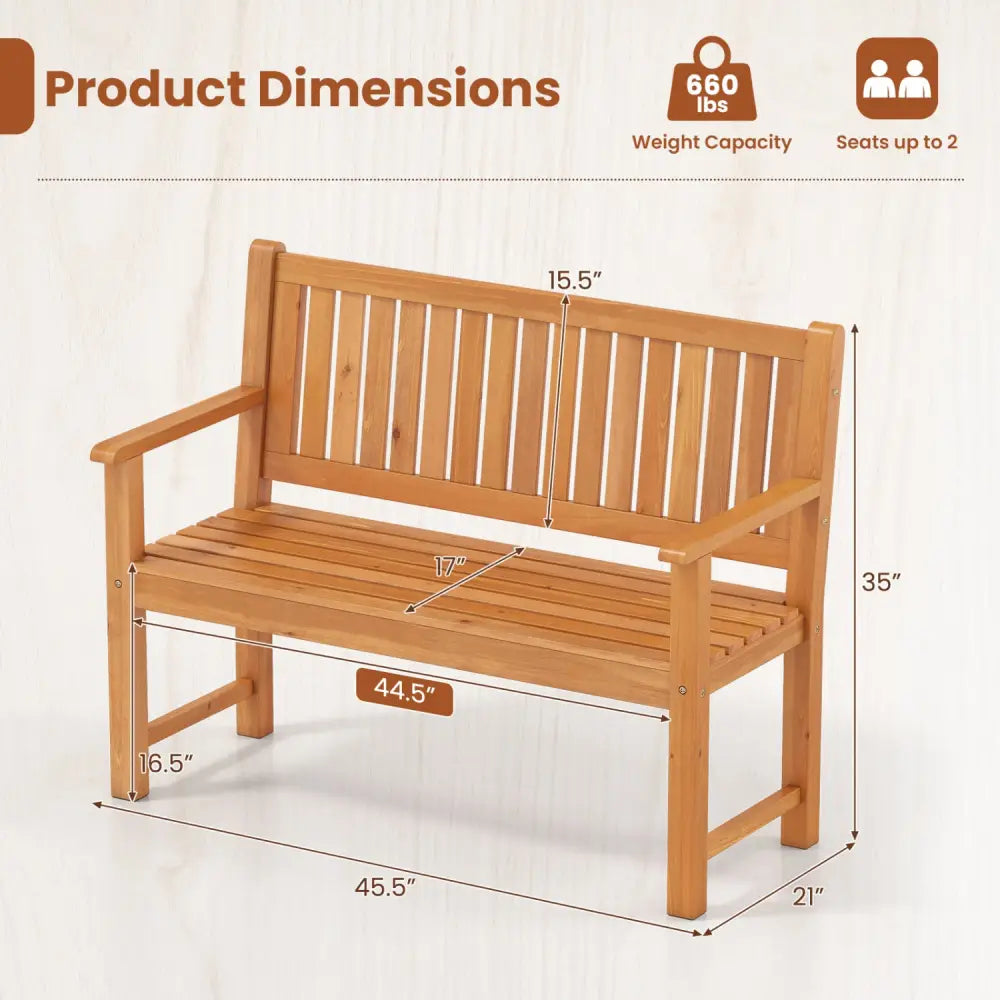 2-Seater Outdoor Wooden Bench with Backrest and Armrests-Natural - Natural - Outdoor Benches
