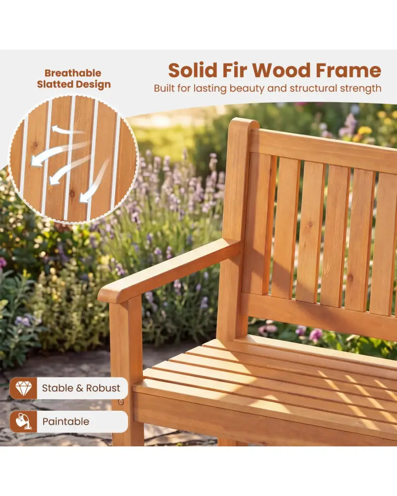 2-Seater Outdoor Wooden Bench with Backrest and Armrests-Natural - Natural - Outdoor Benches