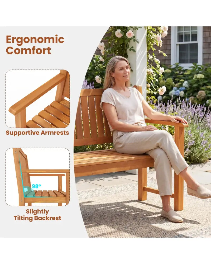 2-Seater Outdoor Wooden Bench with Backrest and Armrests-Natural - Natural - Outdoor Benches
