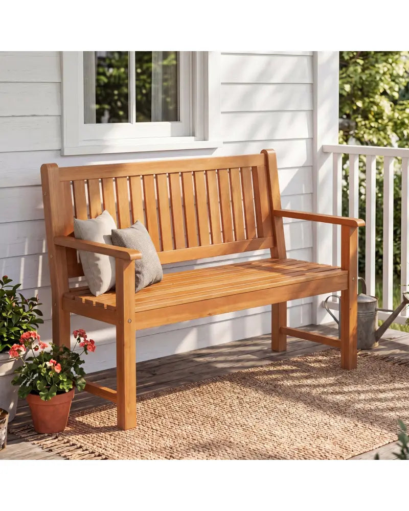 2-Seater Outdoor Wooden Bench with Backrest and Armrests-Natural - Natural - Outdoor Benches