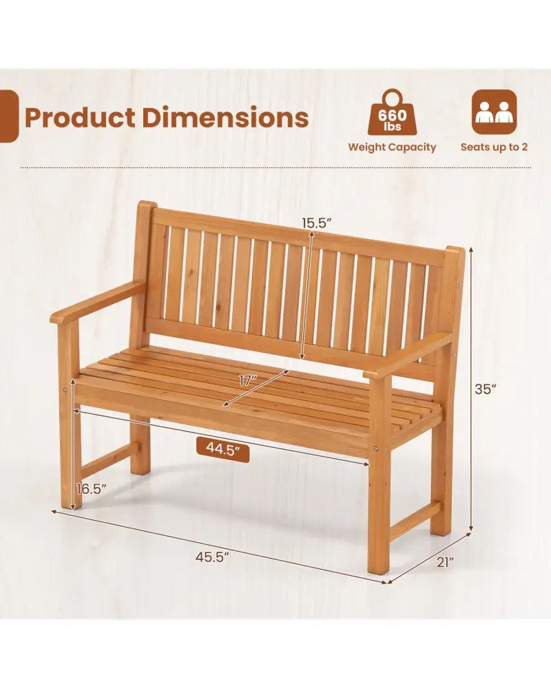 2-Seater Outdoor Wooden Bench with Backrest and Armrests-Natural - Natural - Outdoor Benches