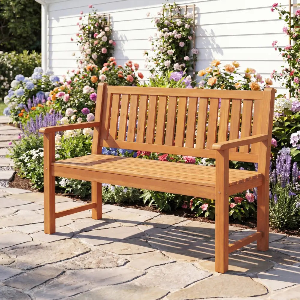 2-Seater Outdoor Wooden Bench with Backrest and Armrests-Natural - Natural - Outdoor Benches