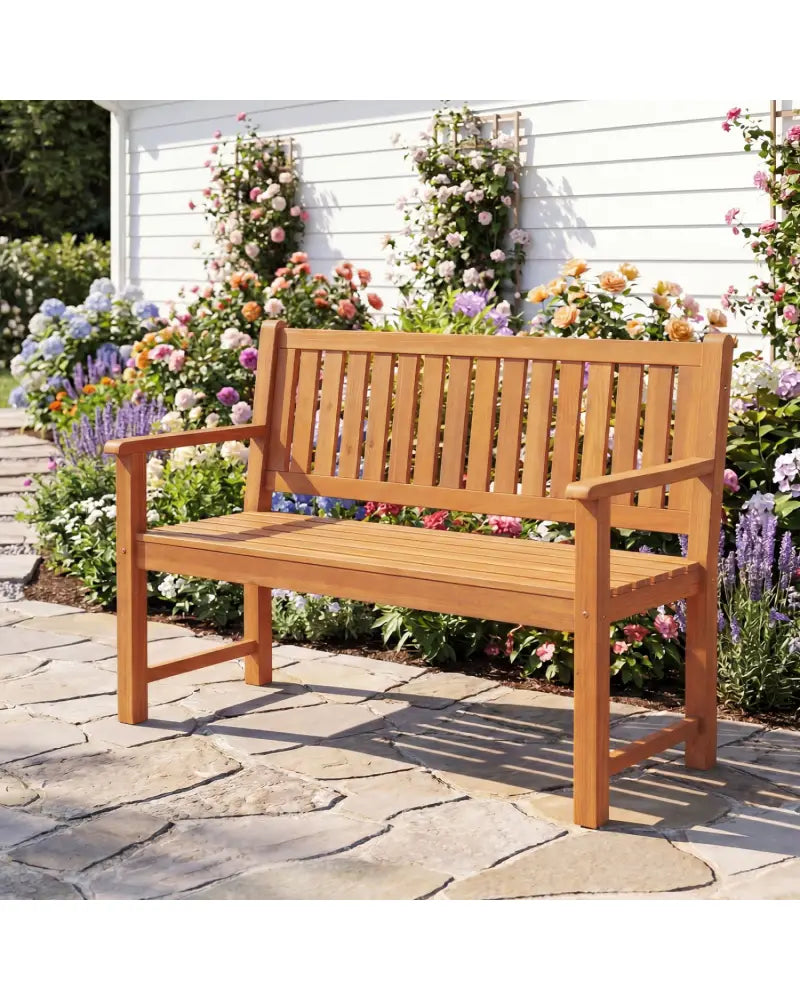 2-Seater Outdoor Wooden Bench with Backrest and Armrests-Natural - Natural - Outdoor Benches
