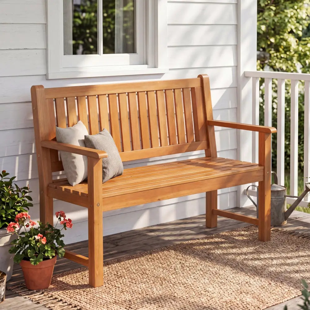 2-Seater Outdoor Wooden Bench with Backrest and Armrests-Natural - Natural - Outdoor Benches