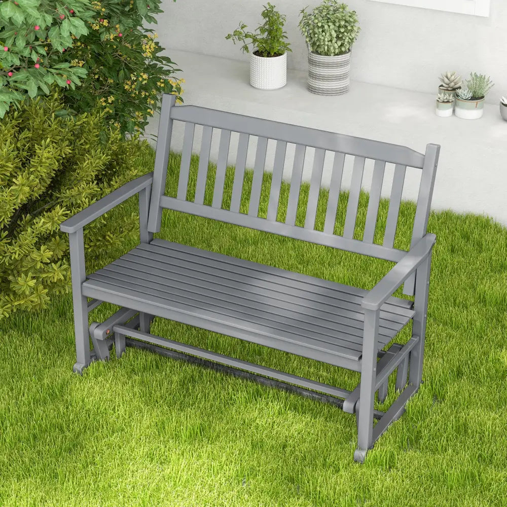 2 Seats Outdoor Glider Bench with Armrests and Slatted Seat-Gray - Gray - Patio Rocking Chairs & Gliders