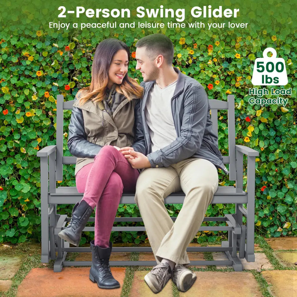 2 Seats Outdoor Glider Bench with Armrests and Slatted Seat-Gray - Gray - Patio Rocking Chairs & Gliders
