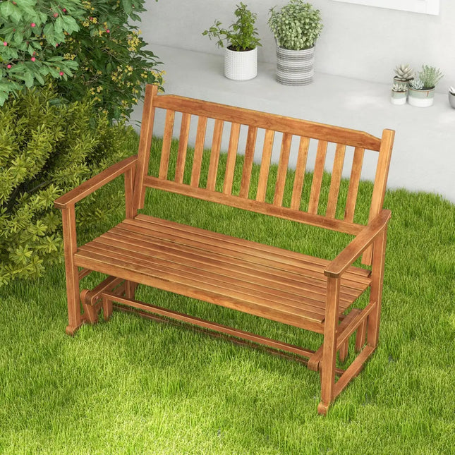 2 Seats Outdoor Glider Bench with Armrests and Slatted Seat-Natural - Natural - Patio Rocking Chairs & Gliders
