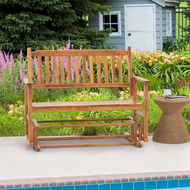 2 Seats Outdoor Glider Bench with Armrests and Slatted Seat-Natural - Natural - Patio Rocking Chairs & Gliders