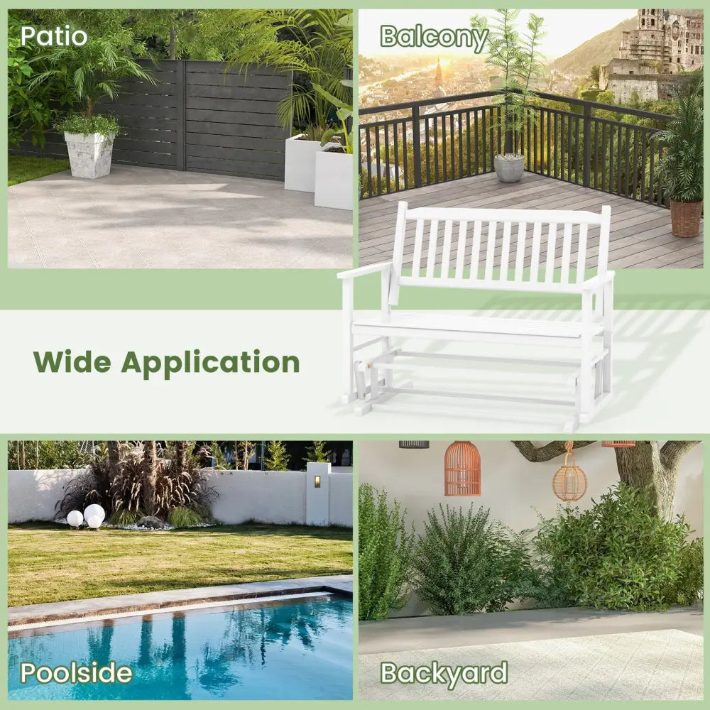 2 Seats Outdoor Glider Bench with Armrests and Slatted Seat-White - White - Patio Rocking Chairs & Gliders