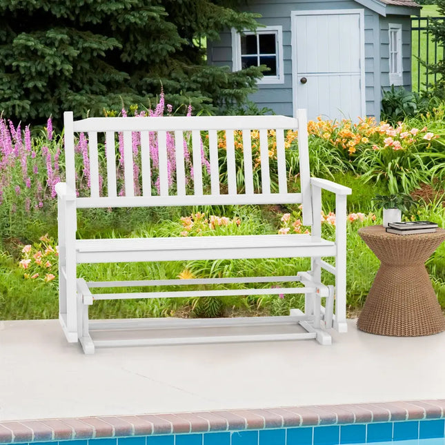 2 Seats Outdoor Glider Bench with Armrests and Slatted Seat-White - White - Patio Rocking Chairs & Gliders