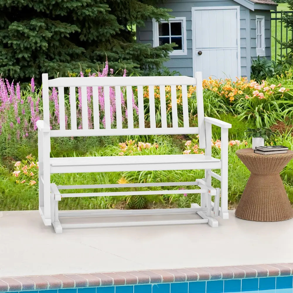 2 Seats Outdoor Glider Bench with Armrests and Slatted Seat-White - White - Patio Rocking Chairs & Gliders