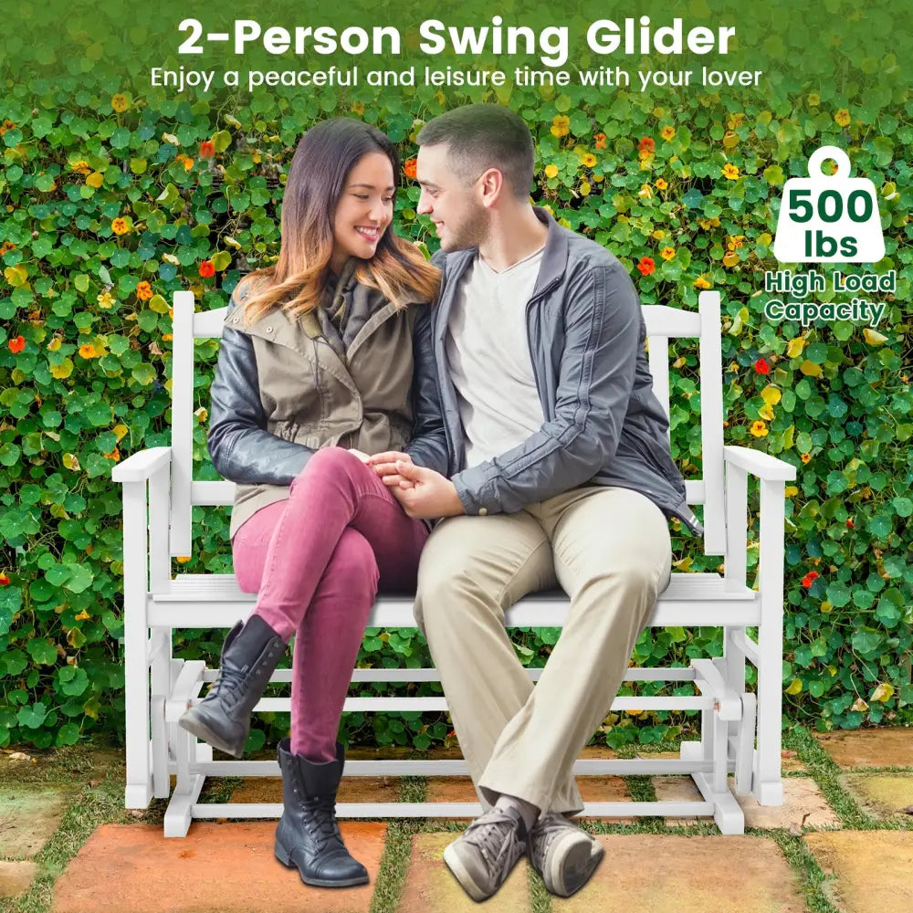 2 Seats Outdoor Glider Bench with Armrests and Slatted Seat-White - White - Patio Rocking Chairs & Gliders