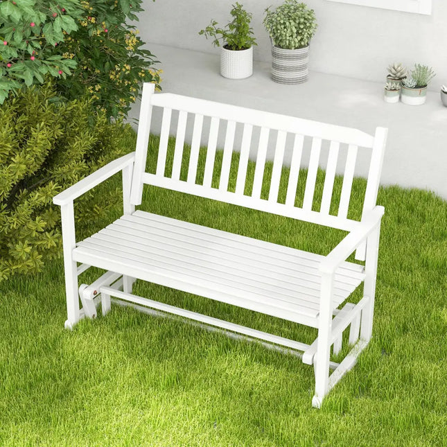 2 Seats Outdoor Glider Bench with Armrests and Slatted Seat-White - White - Patio Rocking Chairs & Gliders