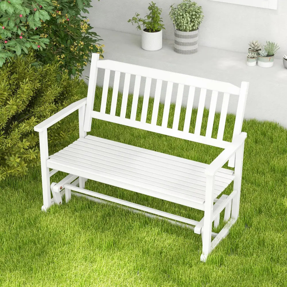 2 Seats Outdoor Glider Bench with Armrests and Slatted Seat-White - White - Patio Rocking Chairs & Gliders