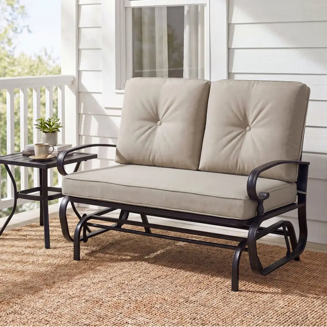 2 Seats Outdoor Swing Glider Chair with Comfortable Cushions-Beige - Beige - Patio Rocking Chairs & Gliders