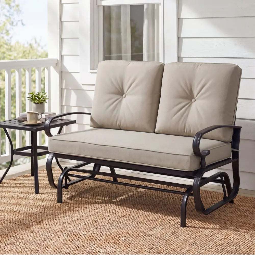 2 Seats Outdoor Swing Glider Chair with Comfortable Cushions-Beige - Beige - Patio Rocking Chairs & Gliders