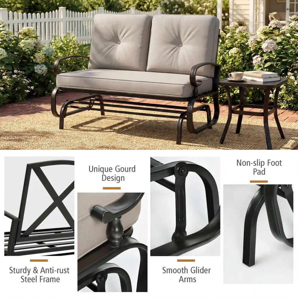 2 Seats Outdoor Swing Glider Chair with Comfortable Cushions-Beige - Beige - Patio Rocking Chairs & Gliders