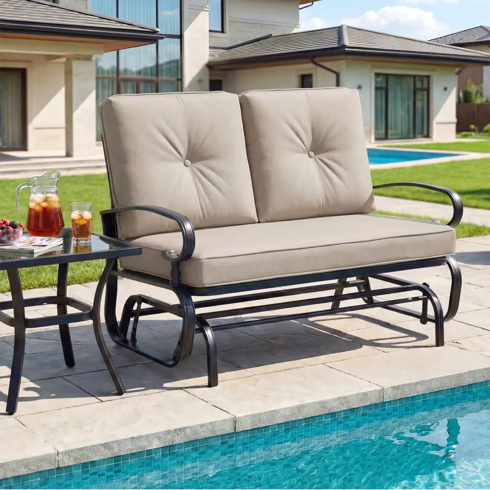 2 Seats Outdoor Swing Glider Chair with Comfortable Cushions-Beige - Beige - Patio Rocking Chairs & Gliders